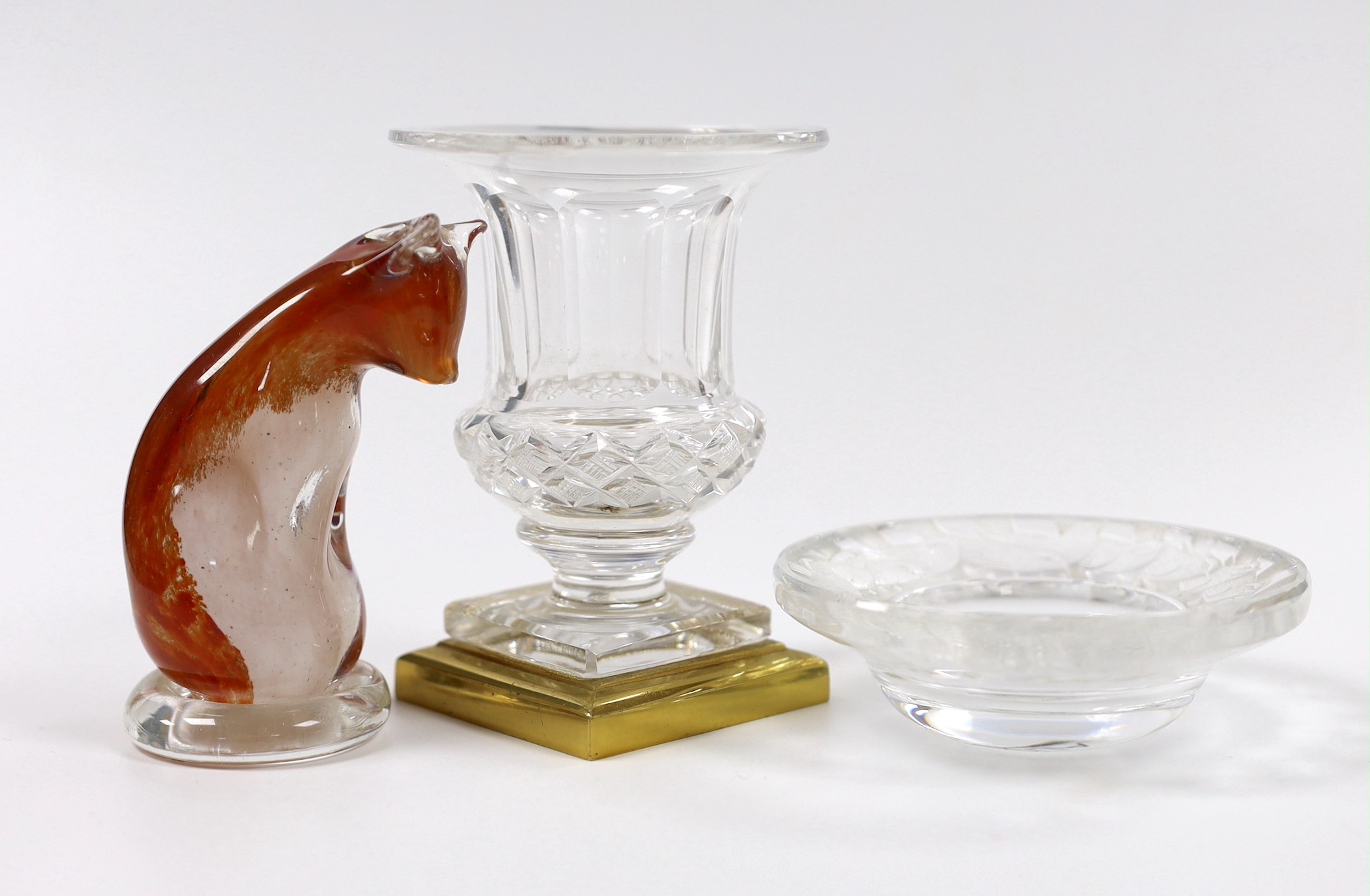 A Lalique dish, brass-mounted cut glass posy vase and coloured glass cat